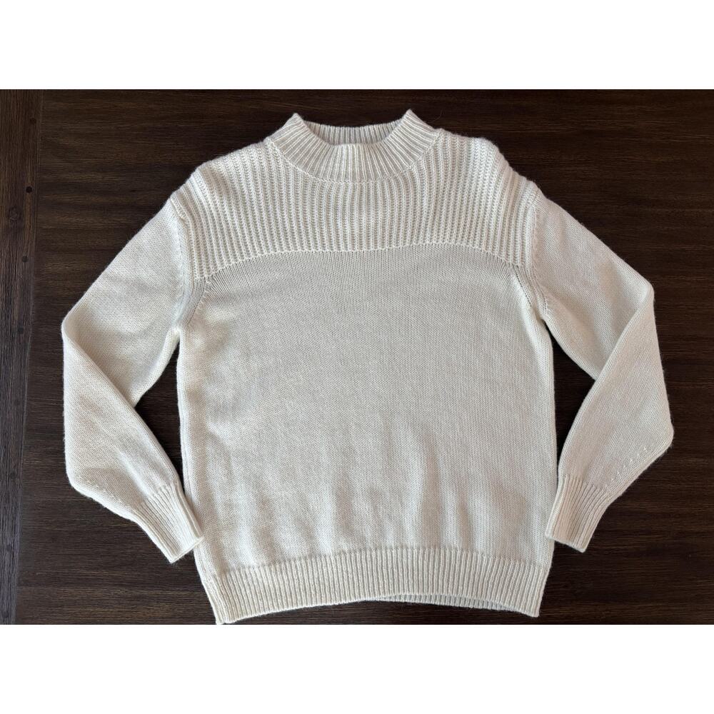 Wool Alpaca Blend Sweater Womens S/M Ivory Textured Yoke Knit Pullover